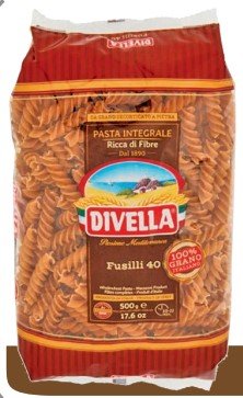 DIVELLA FUSILLI 40 PASTA INTEGRALE 500 G - 24 UNI/CAJA | DIVELLA FUSILLI 40 WHOLE WHEAT PASTA 500 G - 24 UNIT/BOX